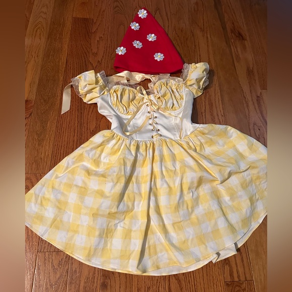 Yellow and Red Gnome Mini Dress Costume with Hat and Mushroom Bag - Picture 3 of 8